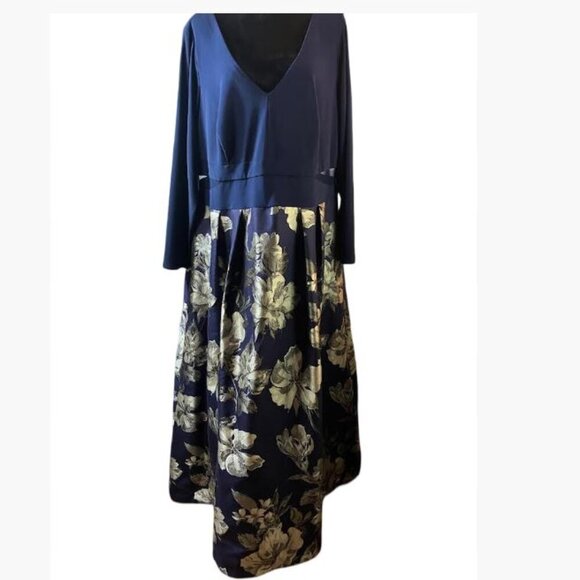 Xscape Dresses & Skirts - Xscape Maxi Brocade Formal Cocktail Dress Navy and Gold Size 22  EUC